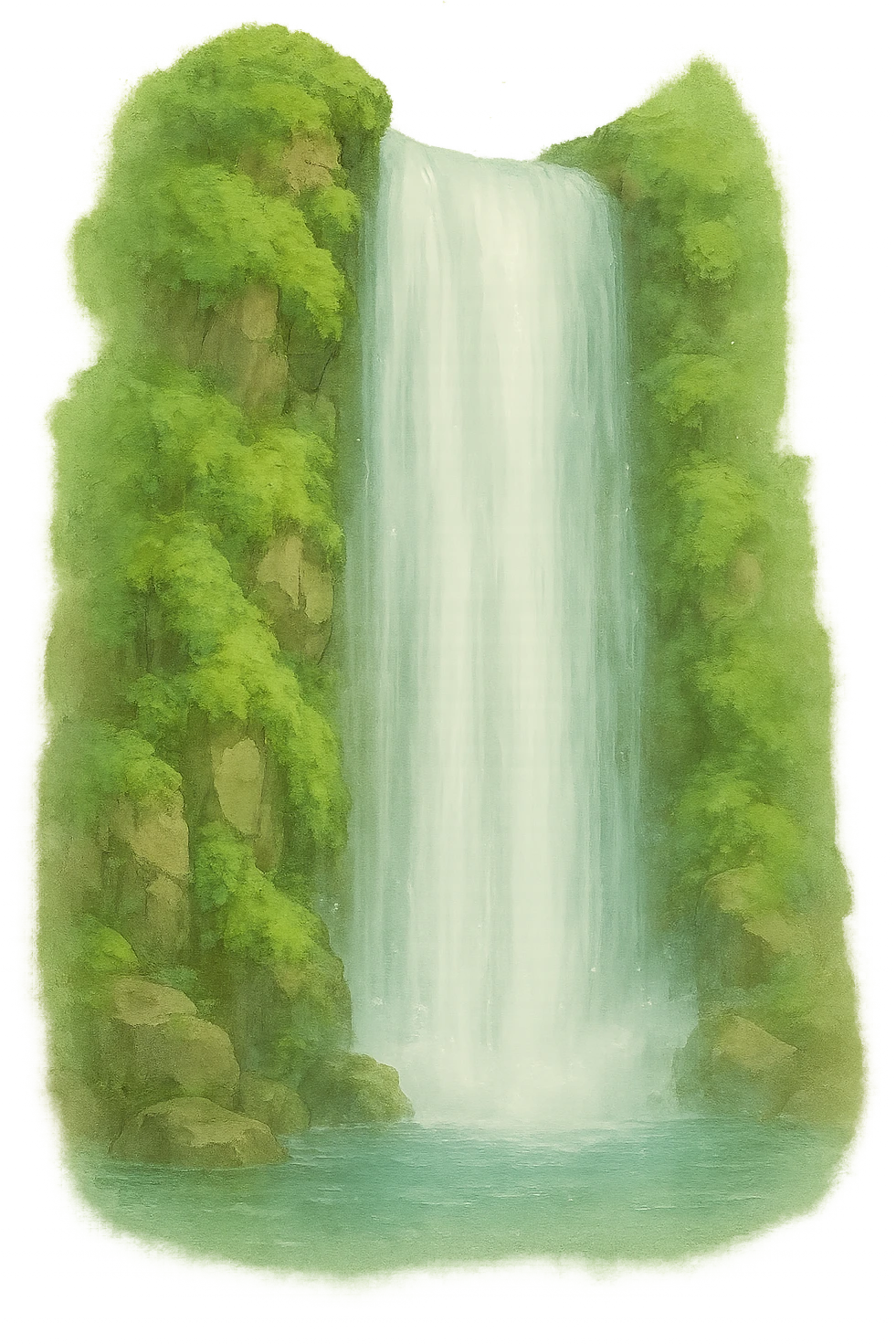 a realistic waterfall, natural colors, soft, fairy-like atmosphere, no background emoji