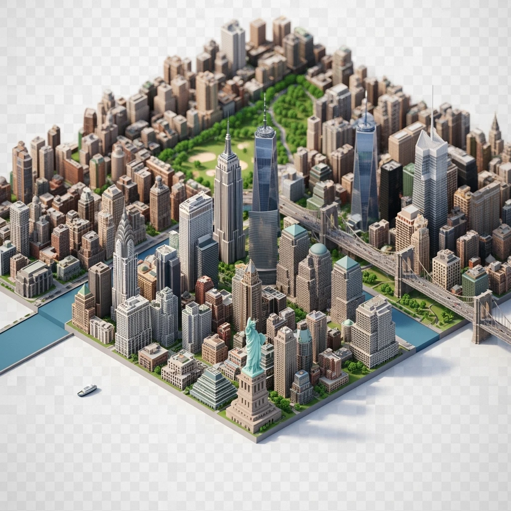 Isometric miniature of New York Сity Empire State Building, Chrysler Building, One World Trade Center, Statue of Liberty, Brooklyn Bridge, and Central Park chaotic low-rise blocks in outer boroughs 3D miniature effect and Tilt Shift effect, no cartoonish look, transparent background. emoji