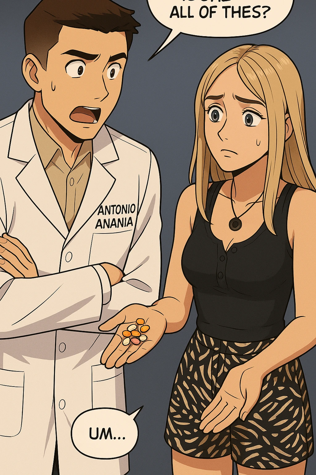 fai un webtoon/manga a colori con questo kinesiologo in camice bianco (fagli la scritta "ANTONIO ANANIA" SUL CAMICE) CHE PARLA CON QUESTA RAGAZZA. LA RAGAZZA HA UN PUGNO DI INTEGRATORI IN MANO (TANTE PILLOLE DIVERSE) E LE GUARDA DUBBIOSA. IL KINESIOLOGO CON IL CAMICE BIANCO LE DOMANDA UNA COSA SCIOCCATO. NON FARE I FUMETTI, FAI SOLO LORO COME SE DIALOGASSERO emoji