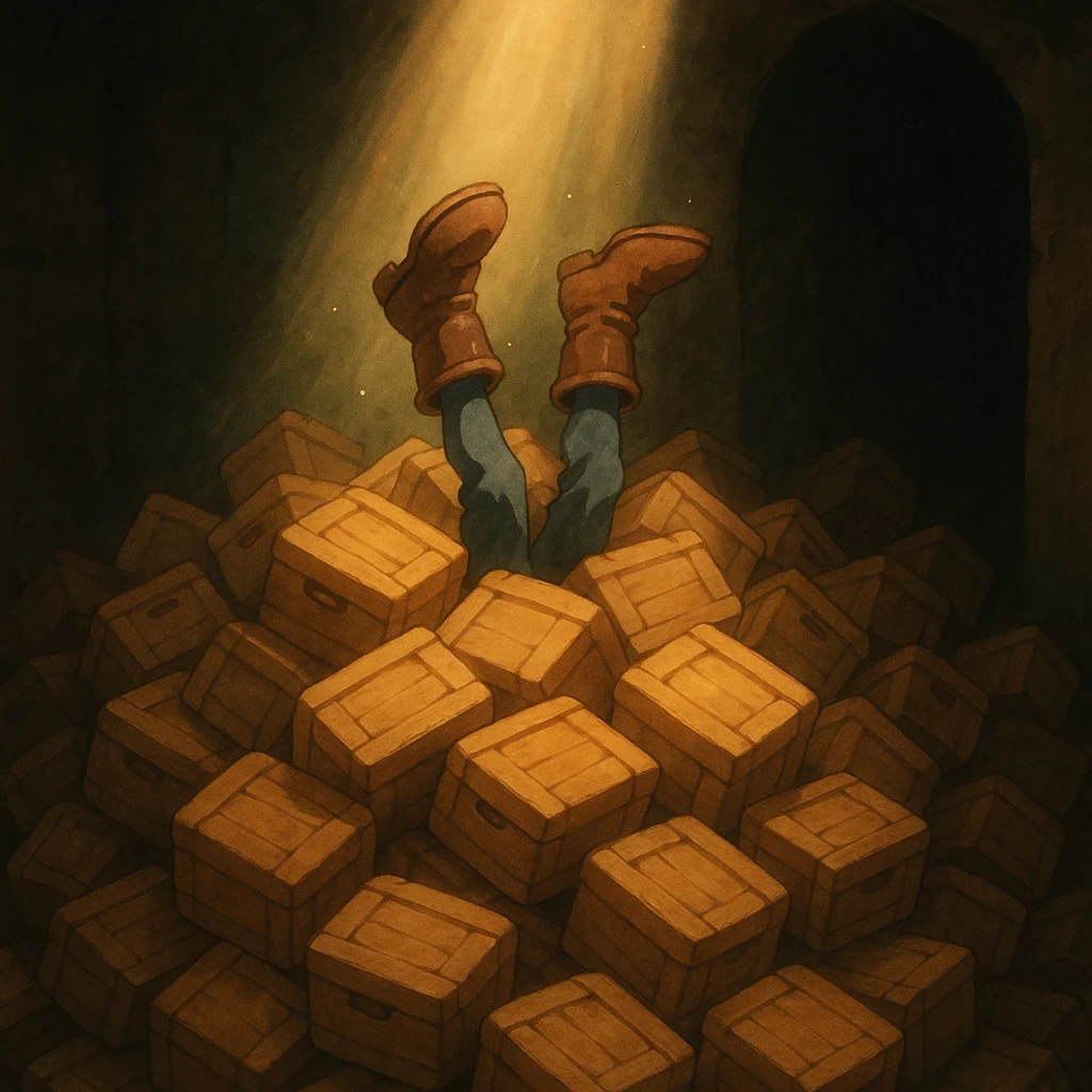 A pile of small oblong crates hidden in a dark area with a beam of light shining from above, with someone’s boots sticking out like they dove in emoji