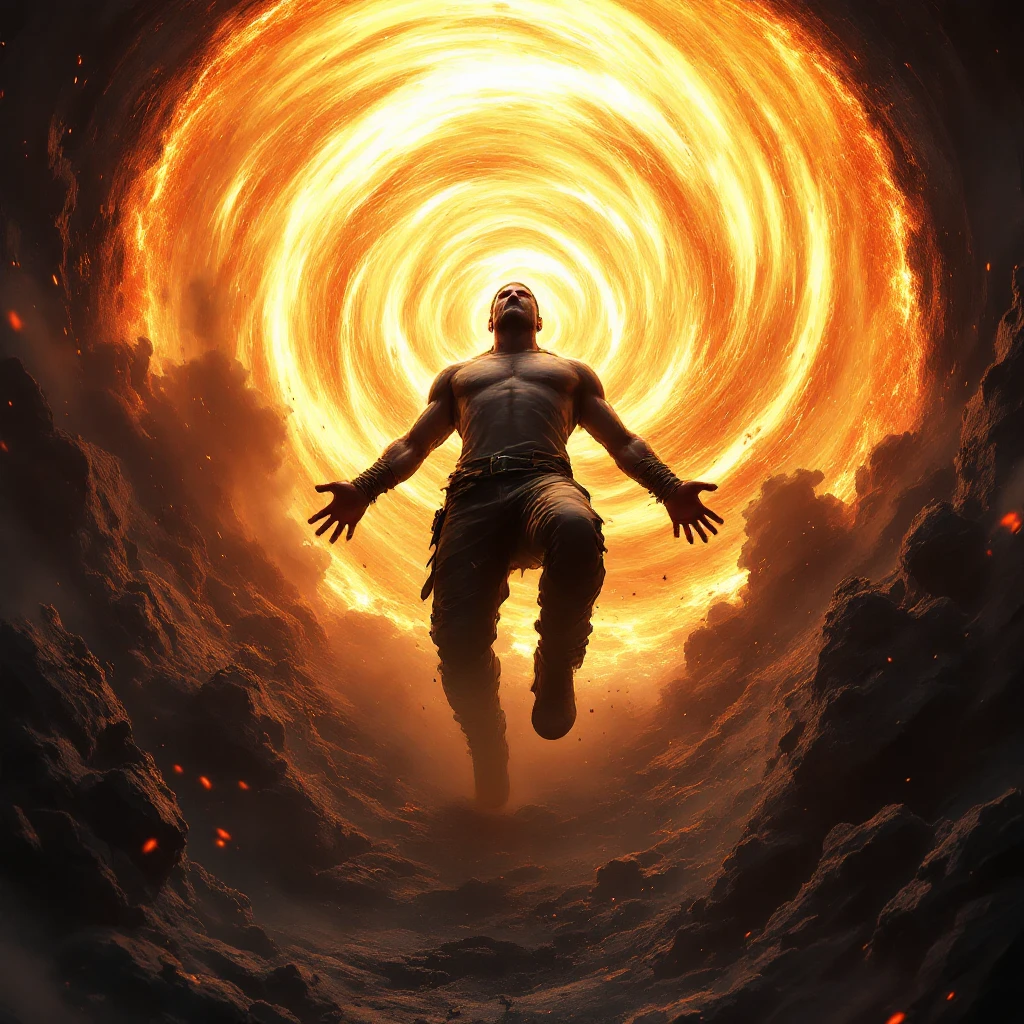 A character being sucked into a swirling, flaming magic portal to hell behind him. The portal is a disk, not a tunnel, and not as tall as he is. He is going in butt first, with hands and feet flailing last. Show the front of him, filling the frame. Dramatic, intense, in Flux Pro style. emoji