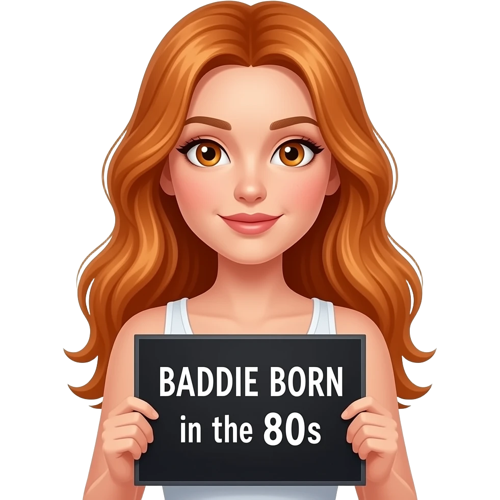 sexy girl with long ginger hair and ginger eyes wearing a white tanktop is holding a black sign with BADDIE BORN in the 80s written on it emoji