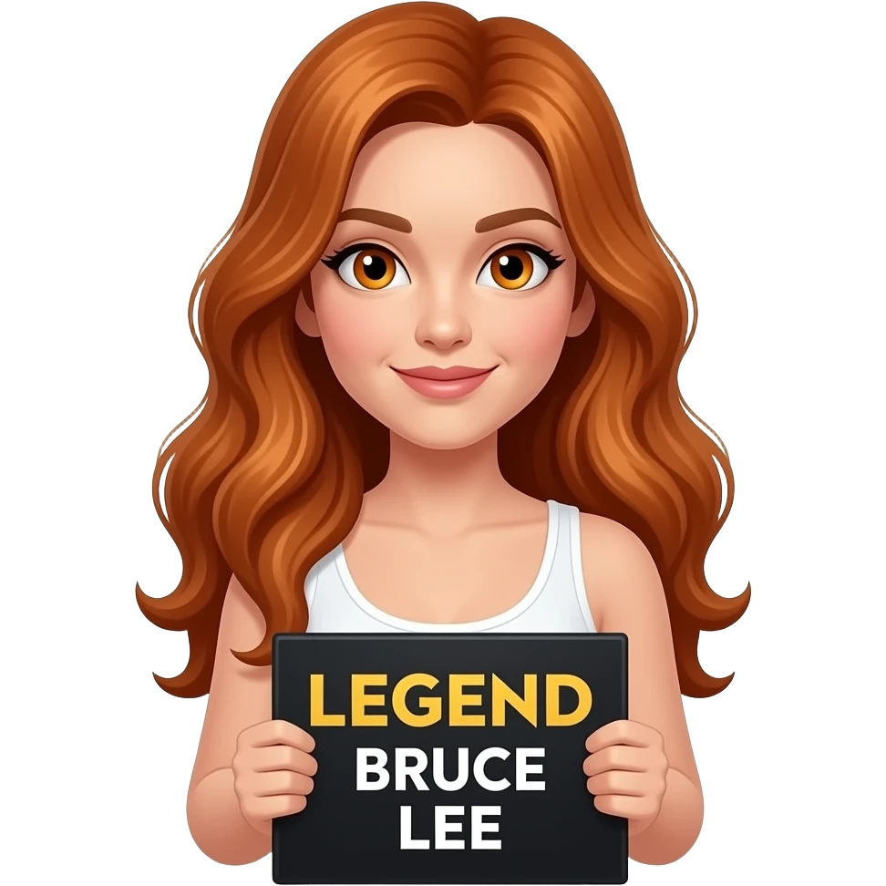 sexy girl with long wavy ginger hair and ginger eyes wearing a white tanktop is holding a black colored sign with LEGEND BRUCE LEE written on it emoji
