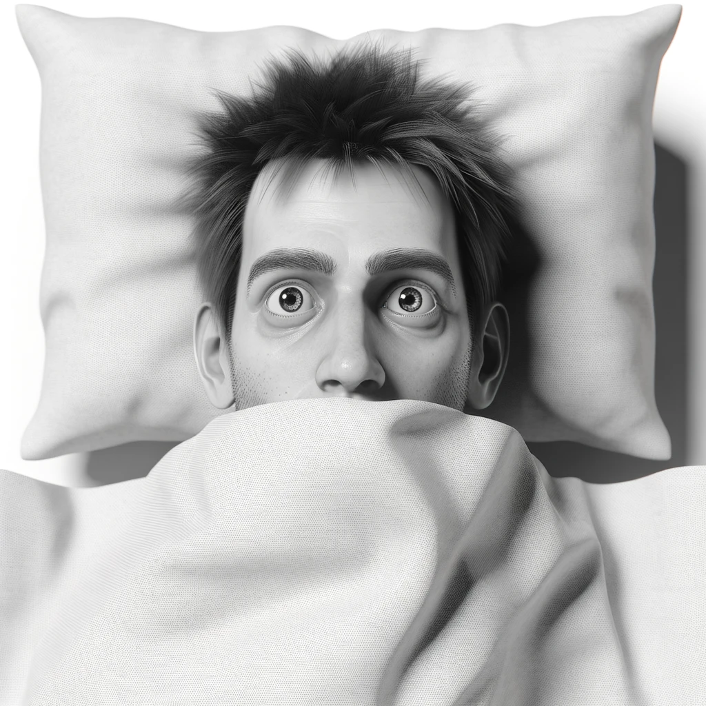 corpo umano anatomico con capelli corti che non riesce a dormire, sta nel letto con  gli occhi sbarrati e l'espressione nervosa, visto dall'alto, iperrealistica 4k, isolato su sfondo bianco emoji