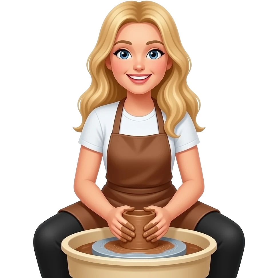 Simpel emoji, Blond long hair female, in white t-shirts, black thighs and brown apron doing pottery, happy emoji