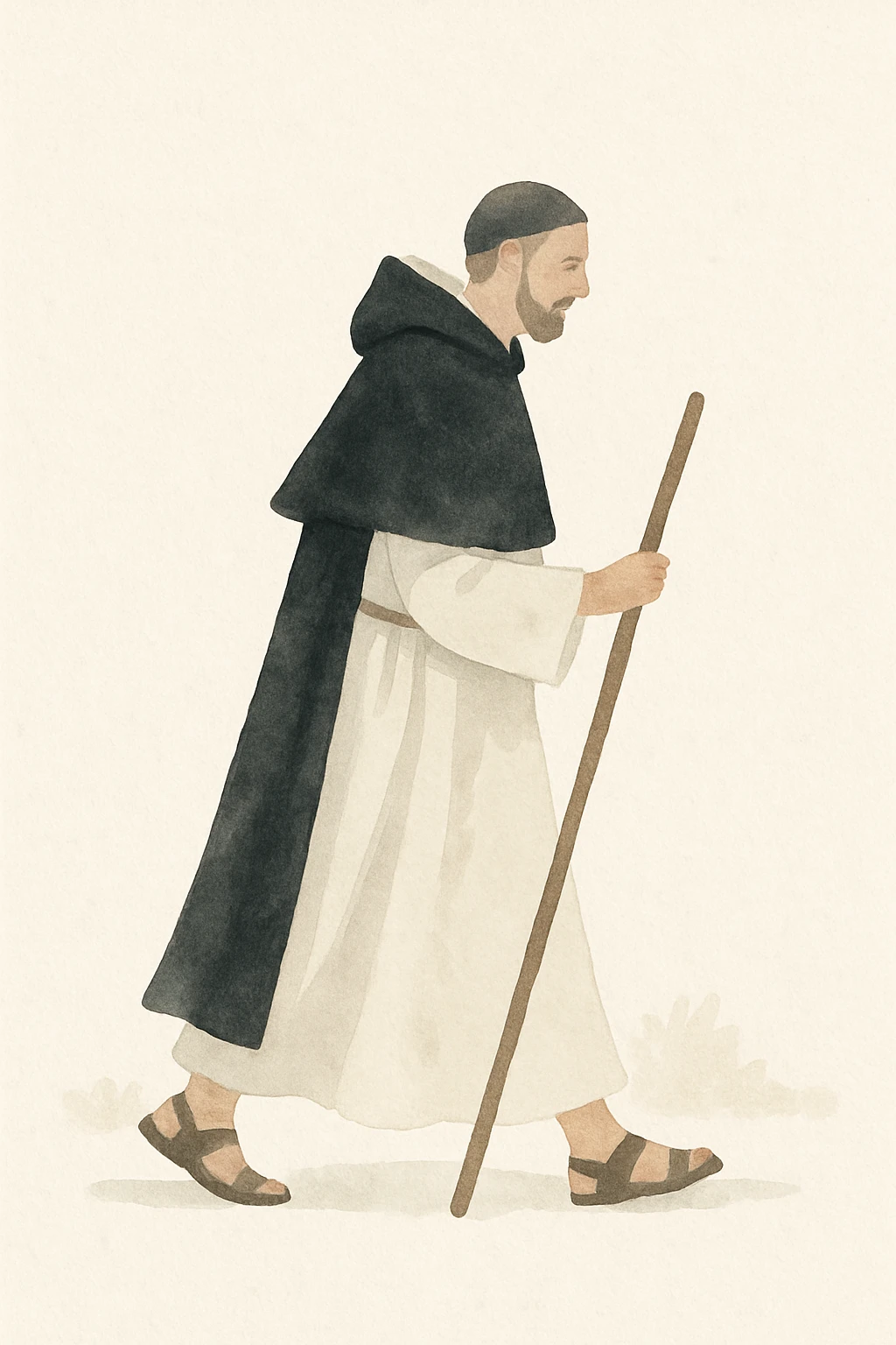3rd Order Dominican monk walking with staff, black and white habit, outdoors, soft watercolor style emoji