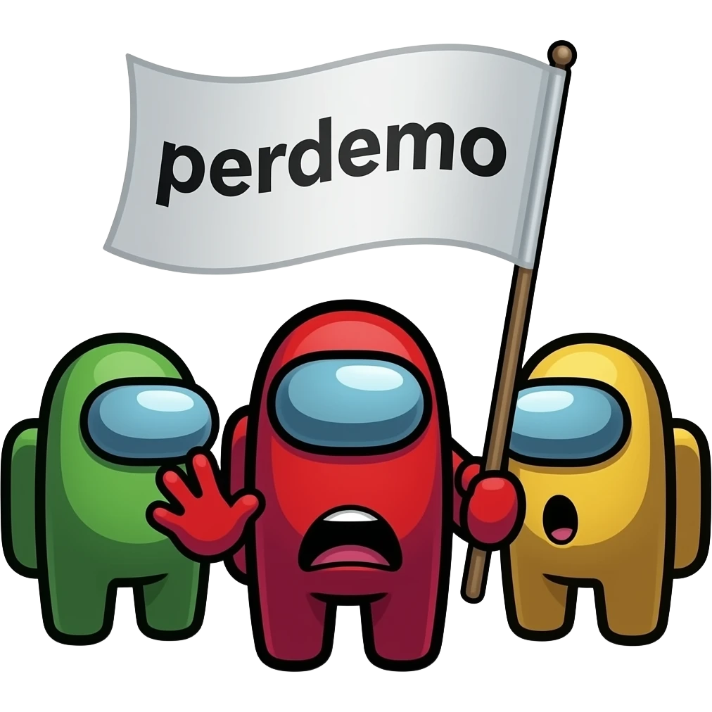 Among us tripulante matando o impostor é os outros tripulantes chocados é surpresos com uma bandeira branca escrita perdemo emoji