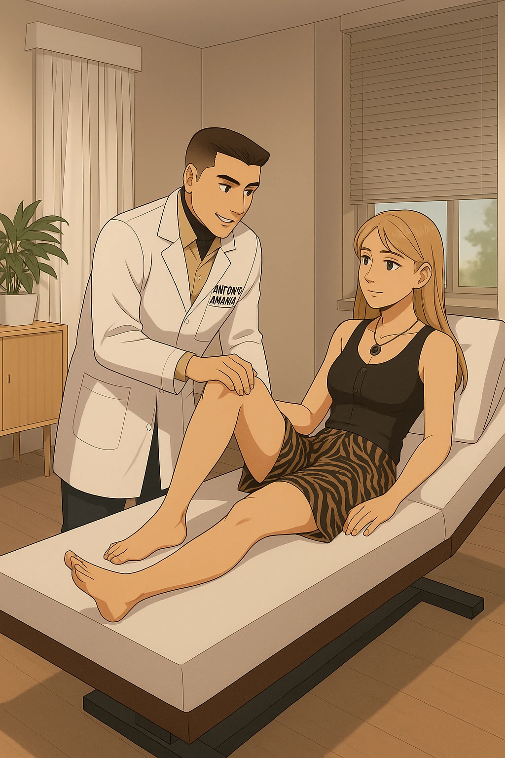 fai un webtoon/manga a colori con questo kinesiologo in camice bianco (fagli la scritta "ANTONIO ANANIA" SUL CAMICE) CHE SVOLGE UN TEST NEUROMUSCOLARE SOLLEVANDO UNA GAMBA ALLA RAGAZZA CHE è STESA SU UN LETTINO BIANCO. STANZA SEMPLICE E MODERNA, DURANTE IL TEST I DUE DIALOGANO TRA LORO. NON FARE I FUMETTI, FAI SOLO LORO COME SE DIALOGASSERO emoji