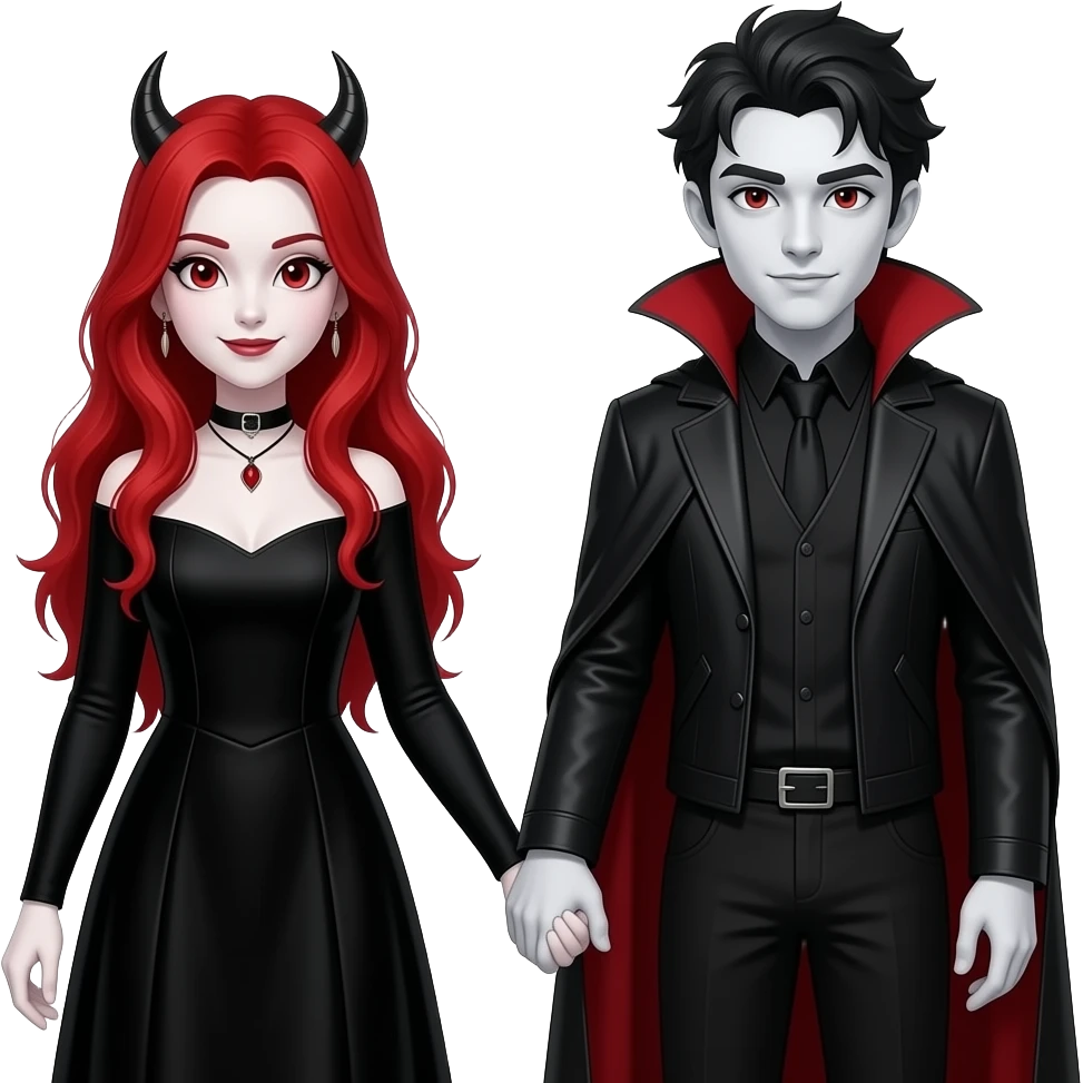 Vampiro femmina ADOLESCENTE con pelle bianca e capelli rossi indossa un vestito con le maniche lunghe nero e il PANCIONE e tiene la mano al suo fidanzato VAMPIRO con la pelle bianca e i capelli neri emoji