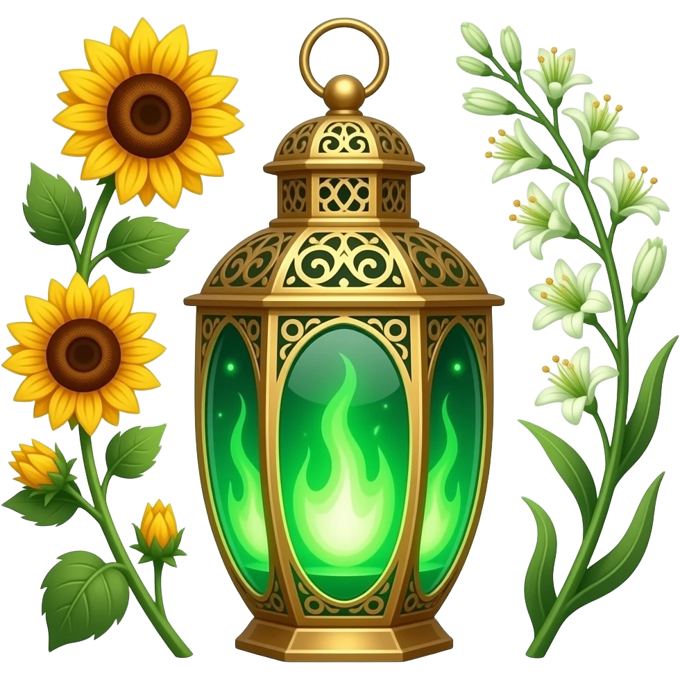 A golden hanging lantern with a bright emerald green flames, an empty loop on top, fae filigree themed sunflowers on the left and asphodels on the right as part of the design, but simple focus more on the green flames, paint the glass more green emoji