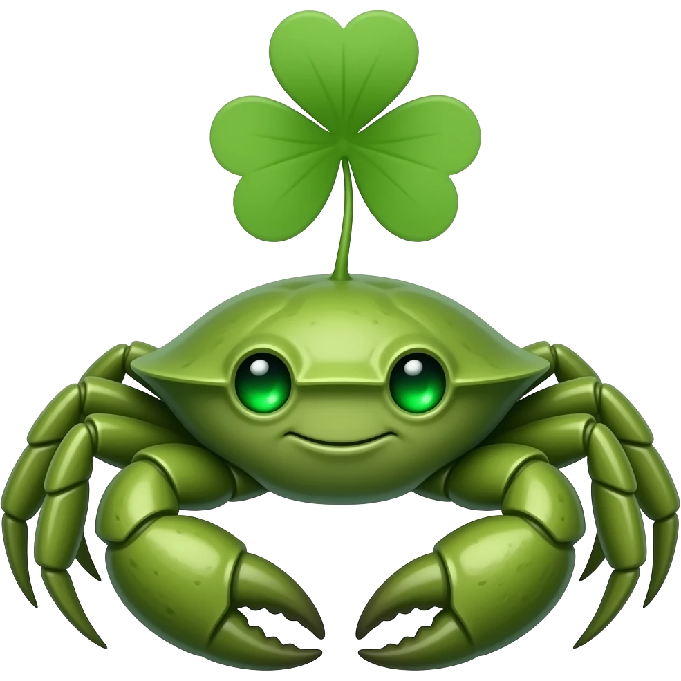 A green crab with a green  clover growing on its back on its back green eyes glowing eyes facing forward emoji