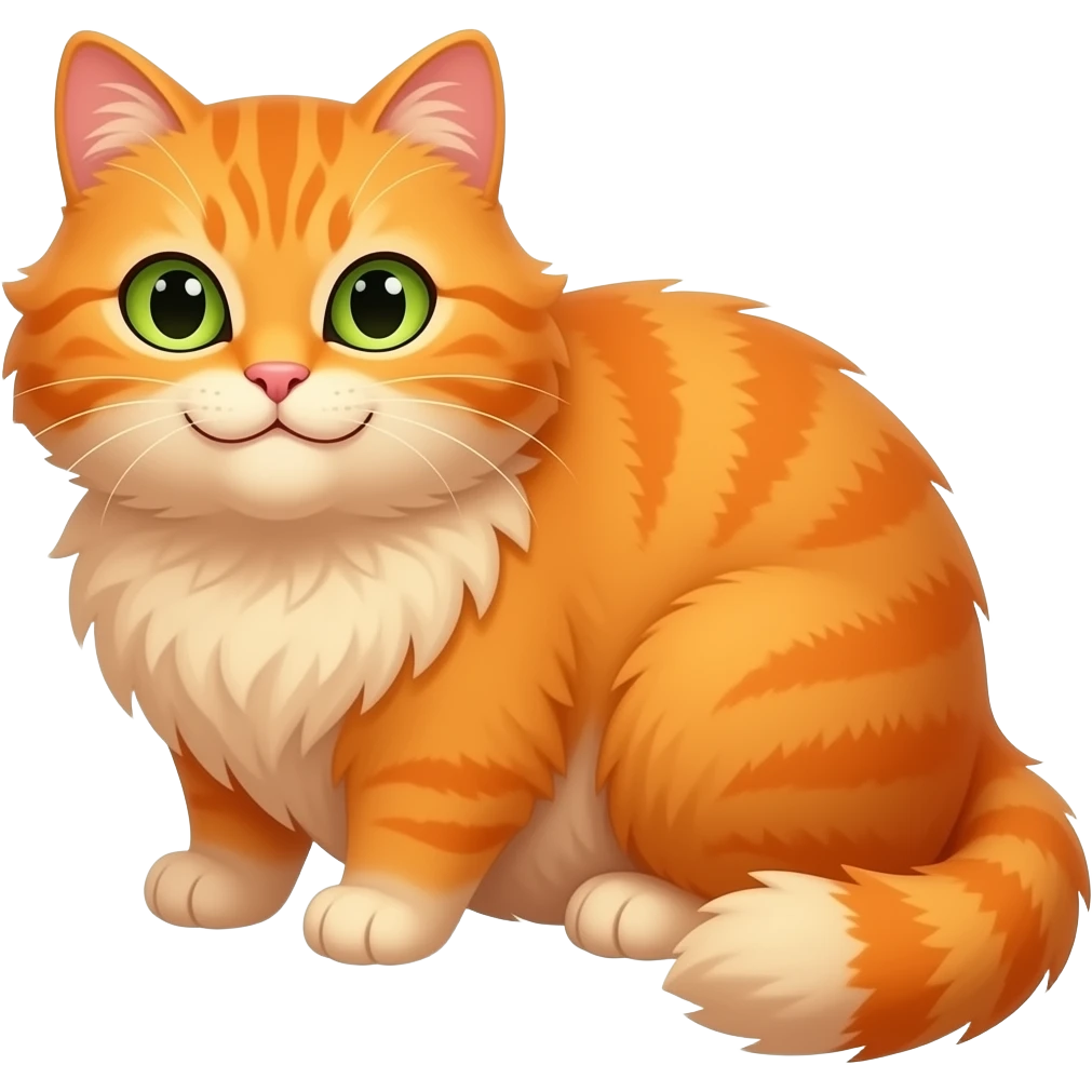 chonky orange cat with devilish eyes, green eyes, long haired, smirk, closed mouth smile, full body, sitting emoji