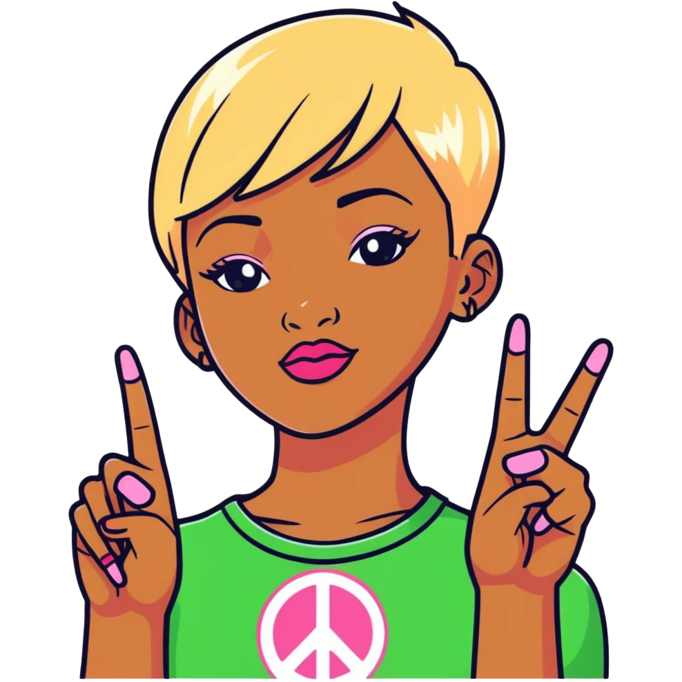 African-American female, with very short blonde pixie hair with bang to the side, wearing pink and green and the two finger peace sign emoji