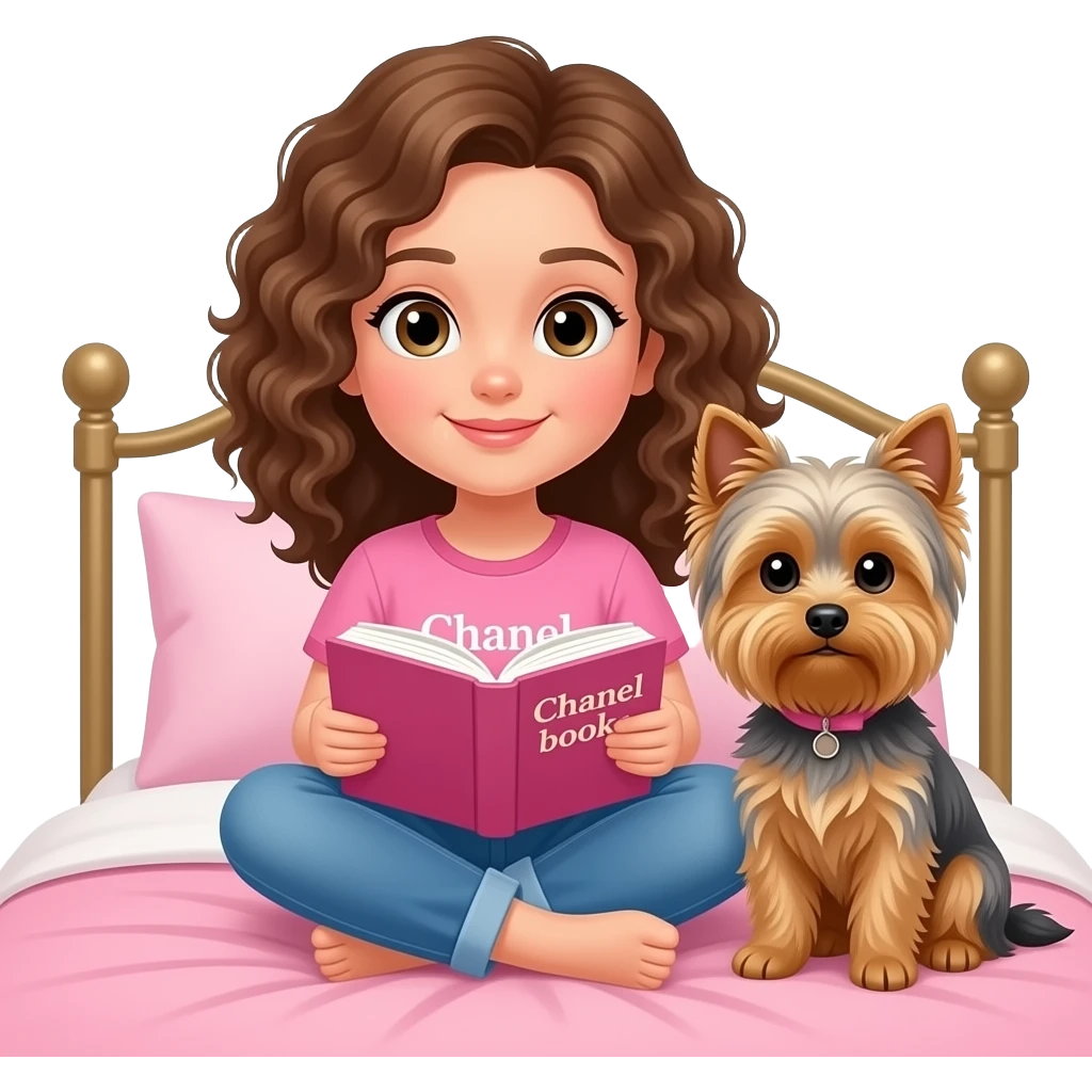 Chica con en pelo rizado color castaño y piel Blanca, sentada en su cama con un libro y su perro yorksai y que ella vaya de rosa y que ponga un texto de Chanel books emoji