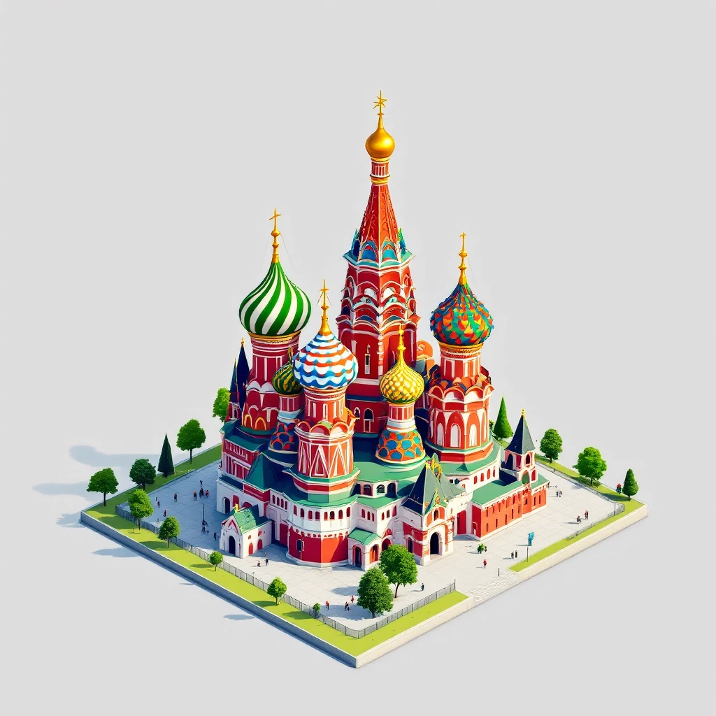 Isometric illustration of Moscow, featuring photorealistic Saint Basil's Cathedral with colorful onion domes, transparent background emoji