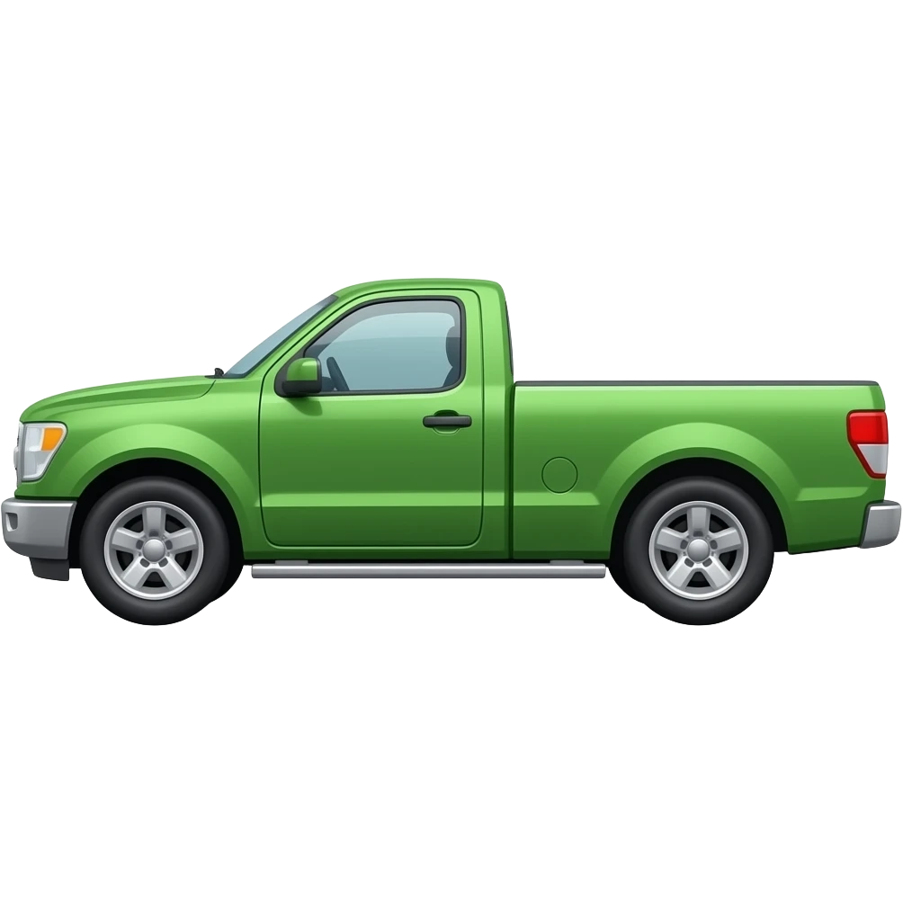 side view of an unlabeled green pickup truck, classic emoji style, left facing emoji