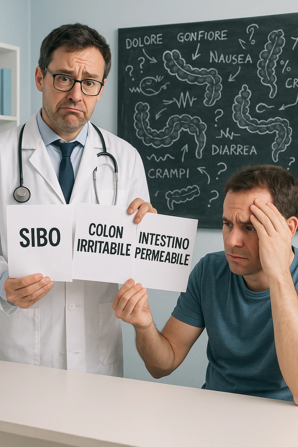 Scena clinica con un medico confuso in camice bianco davanti a un paziente seduto. Il medico ha tre fogli in mano, e li mostra uno alla volta con espressione incerta: il primo dice 'SIBO', il secondo 'Colon Irritabile', il terzo 'Intestino Permeabile'. Il paziente ha un’espressione confusa e scoraggiata, con una mano sulla fronte. Sullo sfondo una lavagna caotica con disegni di intestino e sintomi ovunque. Stile realistico con tocchi ironici, toni freddi da ambulatorio ma con un messaggio visivo forte di incertezza diagnostica. in italiano emoji