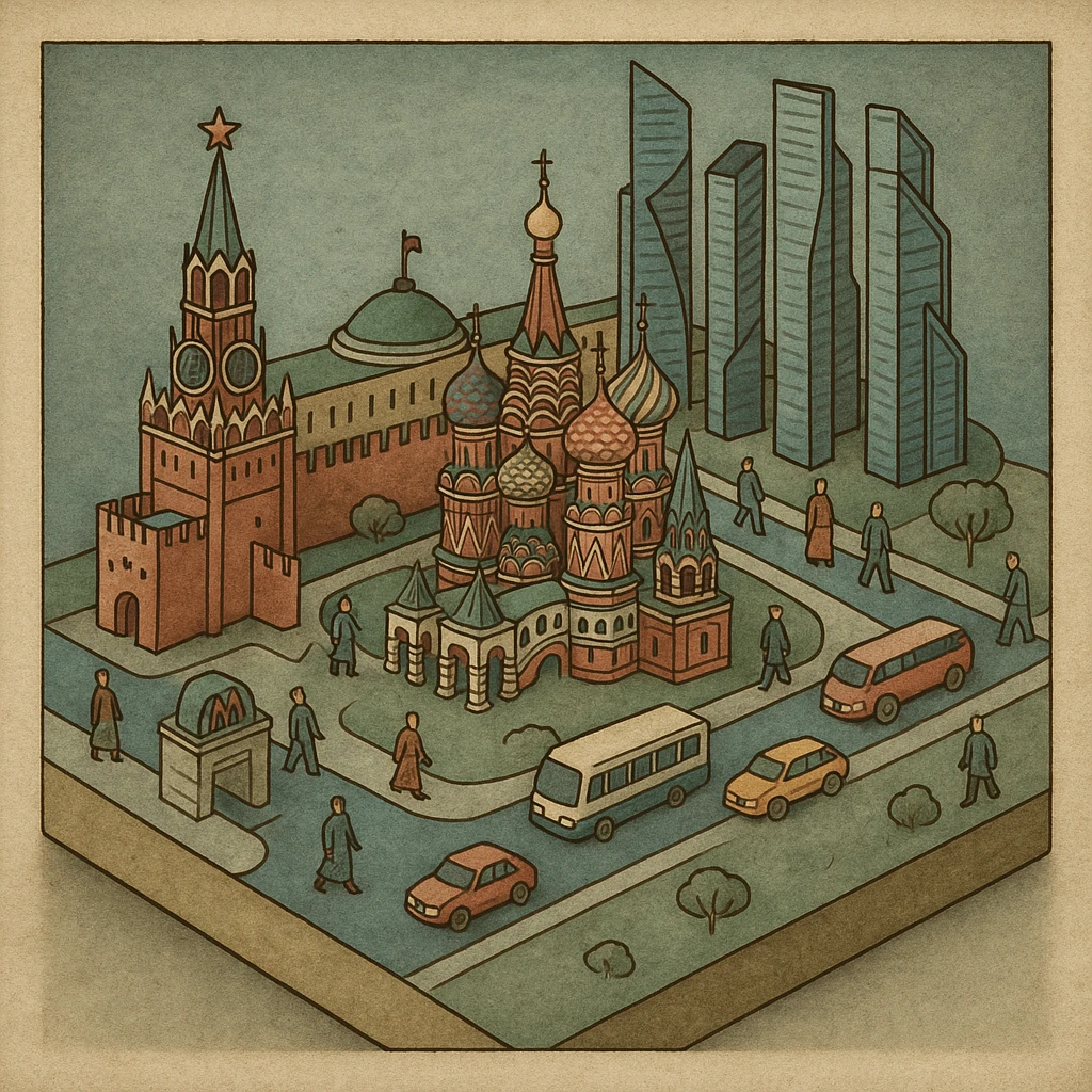 Изометричная миниатюрная 3D модель Москвы на подставке - фотореалистичный Кремль, собор Василия Блаженного, фотореалистичный Башни Москва-Сити, аккуратная детализация, яркие цвета, мультяшный реализм, гуляют люди и современный автотранспорт и метро, компактная композиция, вид сверху в изометрии emoji