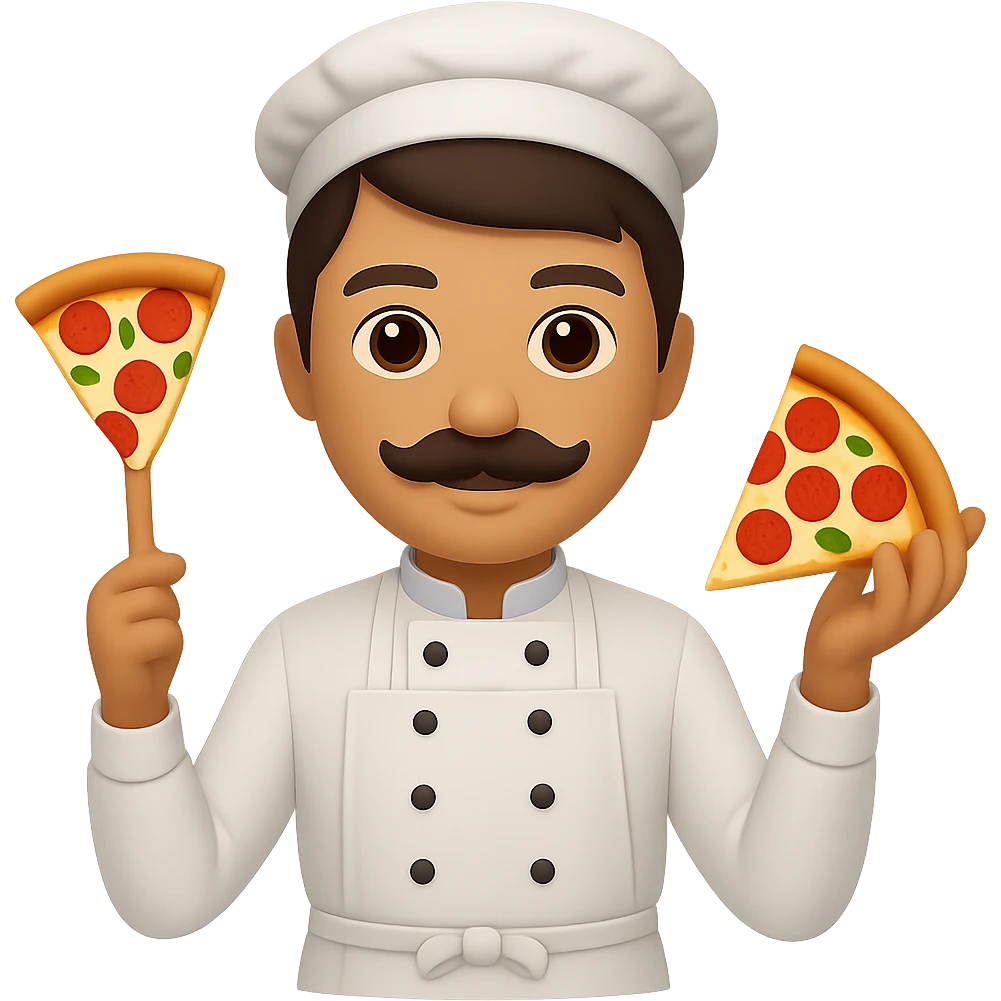 Add a mustache to the pizzaiolo character. The original style is emoji style, so please keep the look consistent with emoji style while adding the mustache. The background should be removed, leaving only the character with the mustache. emoji