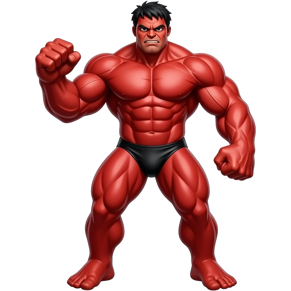 Massive very tall muscular red Hulk in black bikini full body image realistic punching emoji