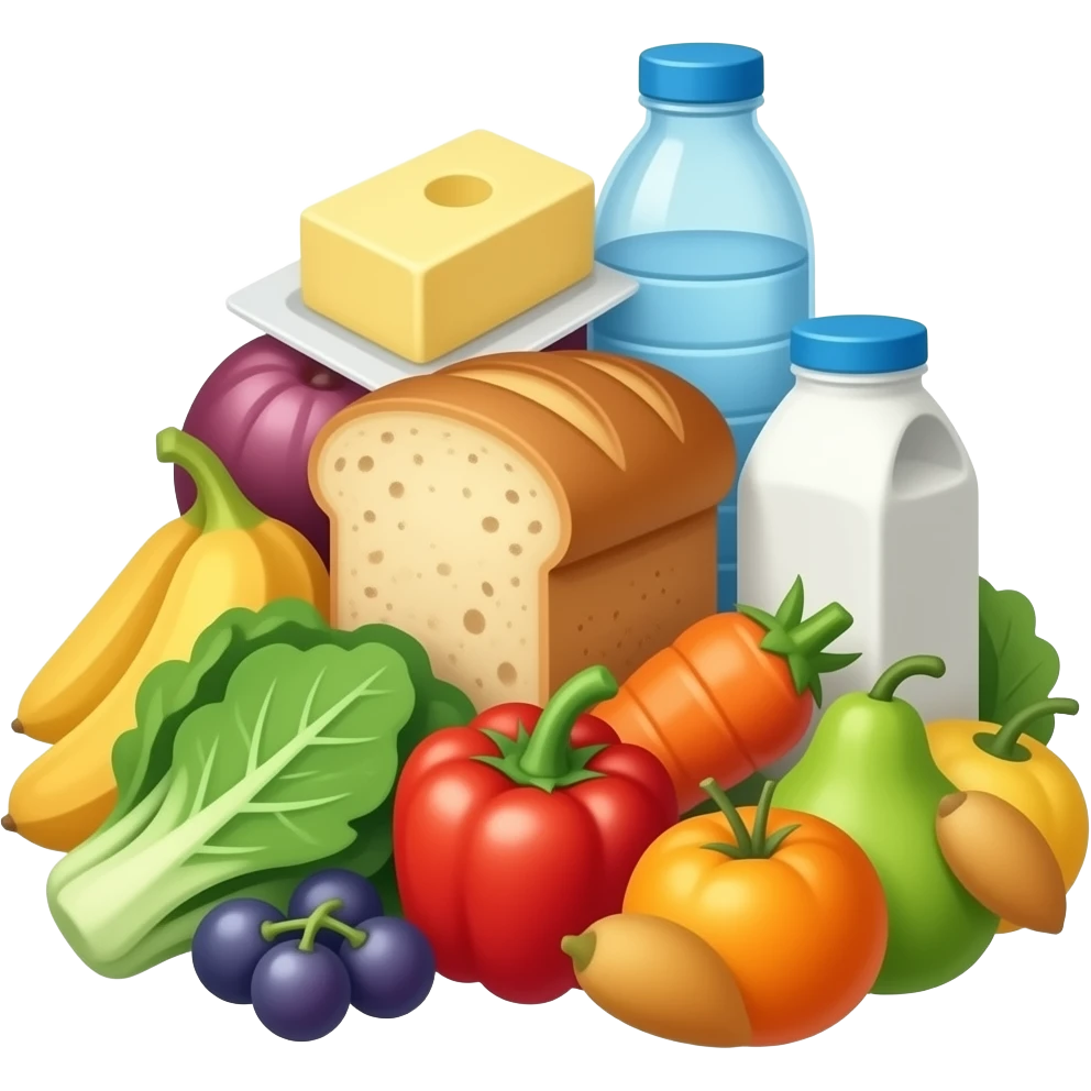 a pile of food items such as bread, butter, water, milk, vegetables, fruits, etc. emoji