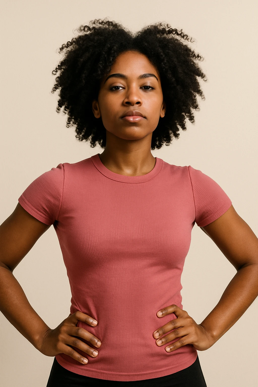 A young black woman with curly black hair, pink tight top, confident pose, minimal background. emoji