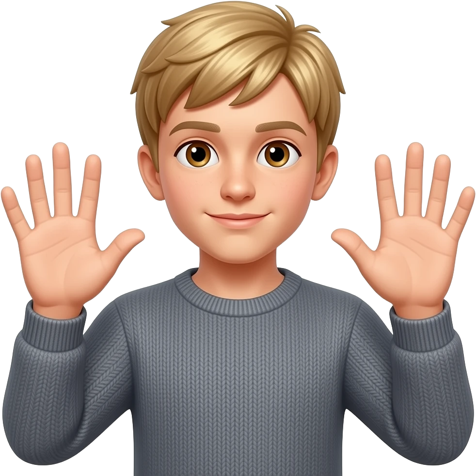 Adolescent blond avec les œufs marrons et un pull gris, mettant ces deux mains plates, lever au niveau de son ventre avec 6 sur sa main de gauche et un 7 sur sa main de droite emoji