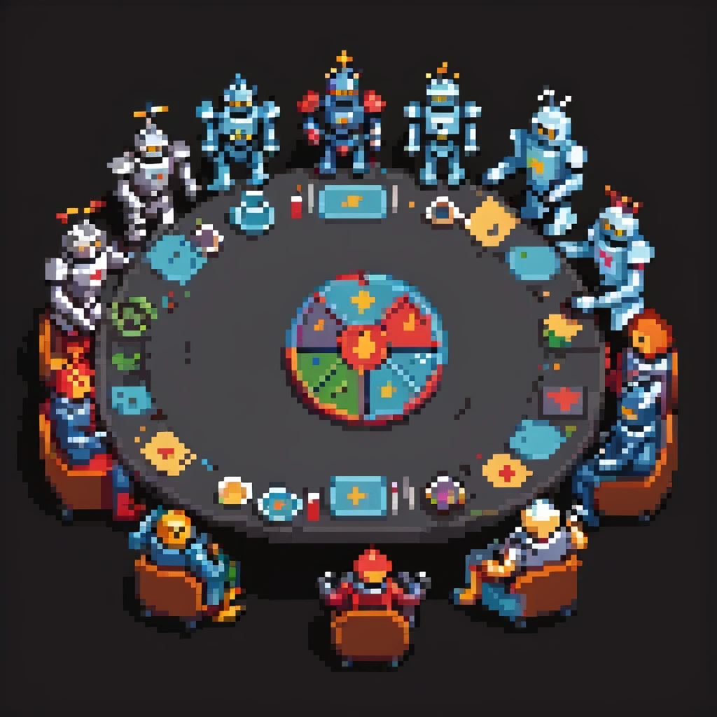 pixel art landscape inspired by the Last Supper, featuring a round table with more robots and people, knights and robots posed like Jesus and the apostles, detailed and vibrant, combining medieval and futuristic elements emoji