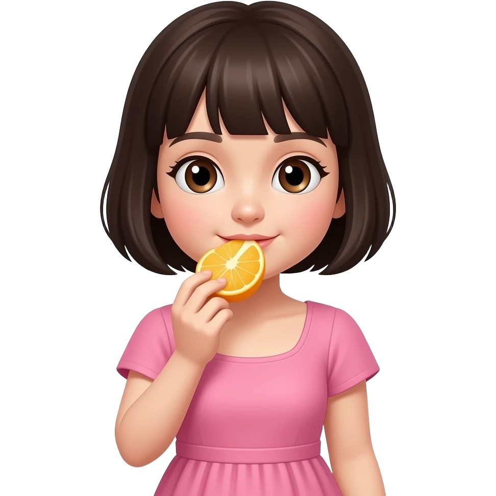 chica de cabello oscuro y corto, con ojos color cafe, con vestido color rosa, merendando frutas emoji