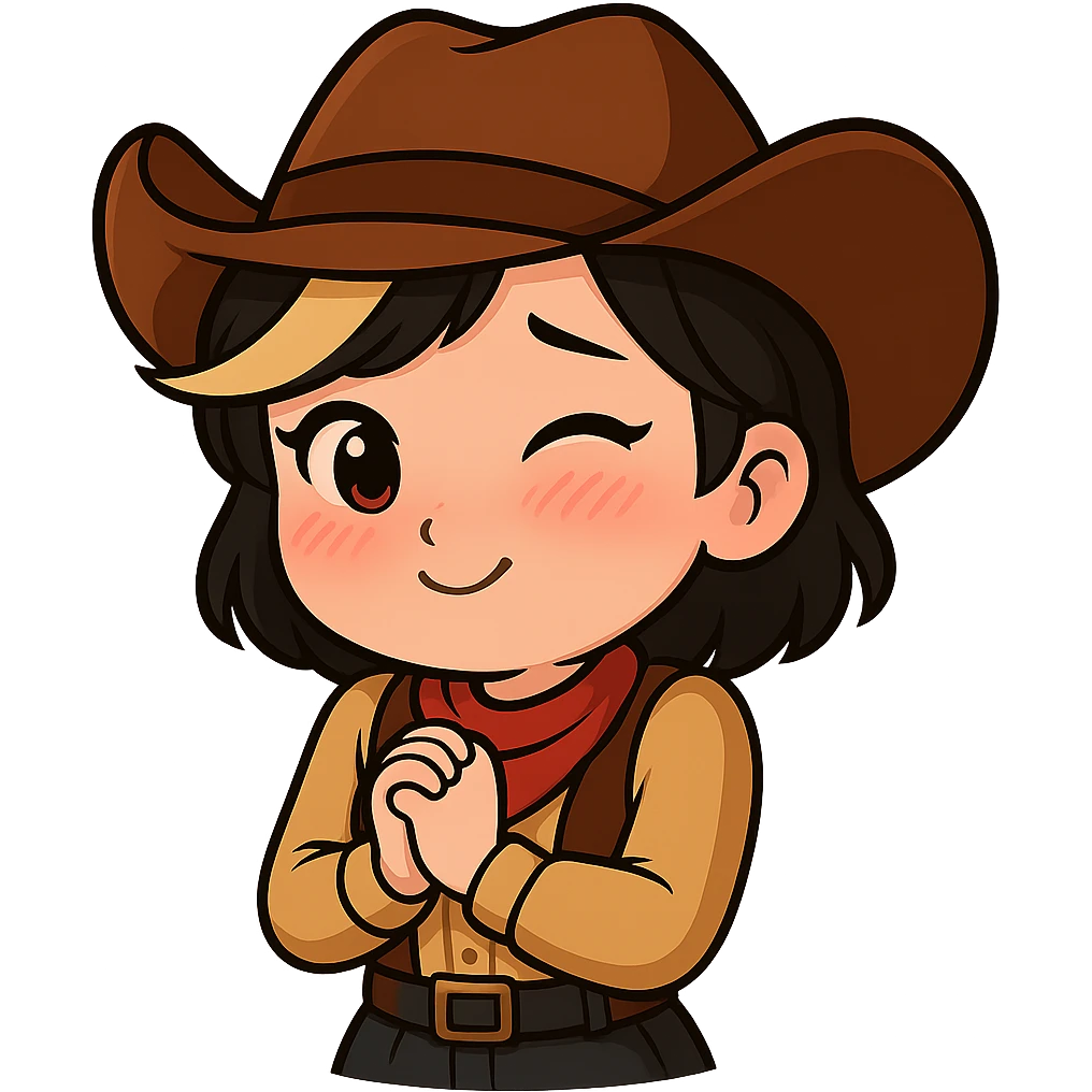 Chibi cowgirl with short hair and a blonde streak, wearing a cowboy hat and western outfit, no guns, chibi/anime style, transparent background, sized for Twitch or Discord use. Pose: hands clasped in front, shy and blushing expression. emoji