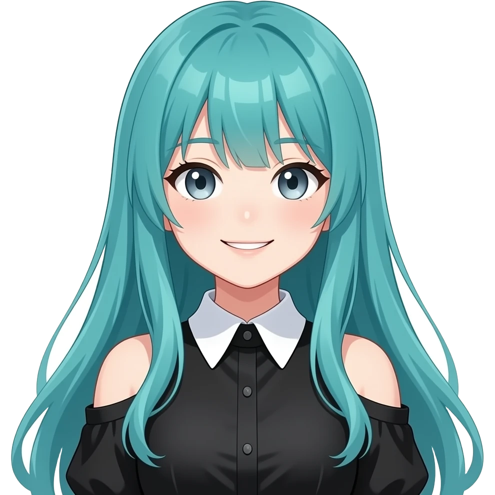 anime girl,happy,  long flowing teal hair, grey eyes, black shoulder cyberpunk blouse with fancy white collar emoji