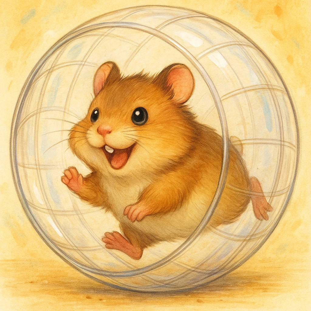 brown hamster running inside a clear exercise ball, cute, energetic emoji