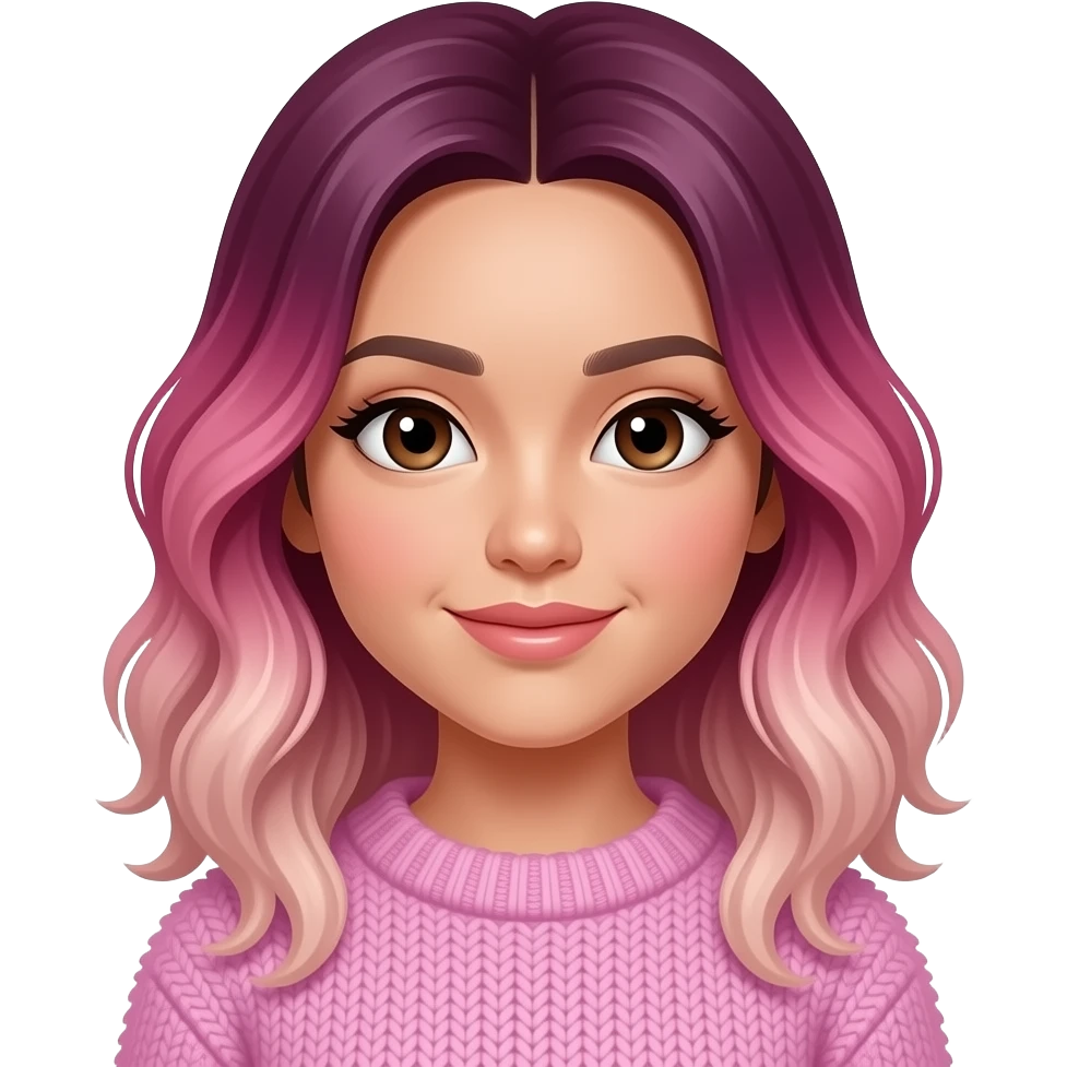 light-medium skinned asian woman with dark brown eyes with slightly wavy ombre hair that is magenta at the top fading to light pink at the bottom, wearing a fluffy sweater in a flattering color to the hair emoji