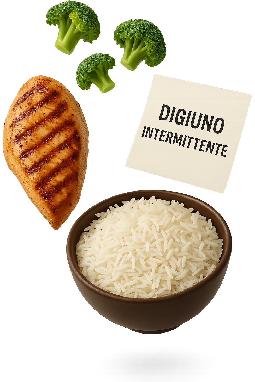 petto di pollo grigliato, bowl di riso basmati e broccoletti fluttuano in aria insieme ad un foglio con la scritta "DIGIUNO INTERMITTENTE", iperrealistico 4k emoji