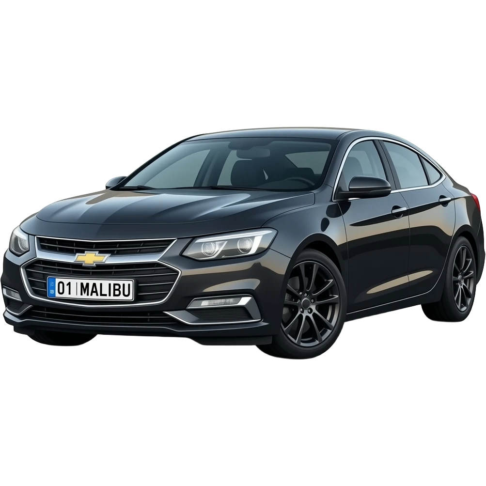 A realistic icon emoji of a metallic black sedan Chevrolet Malibu 2.0L Turbo Premier, Low-angle ground view looking up, dark charcoal tint windows, black alloy 5-spoke rims, Dynamic white glow LED headlights with glowing effect, uzbekistan region flag, number texts "01 | MALIBU" in plate emoji