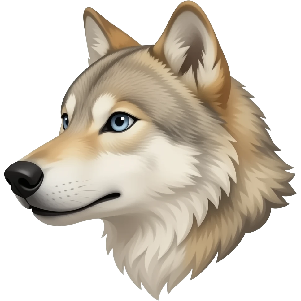 A little bit realistic handsome scary royal Adult alpha male Beige wolf head very realistic Turn sideways light blue gray eyes emoji