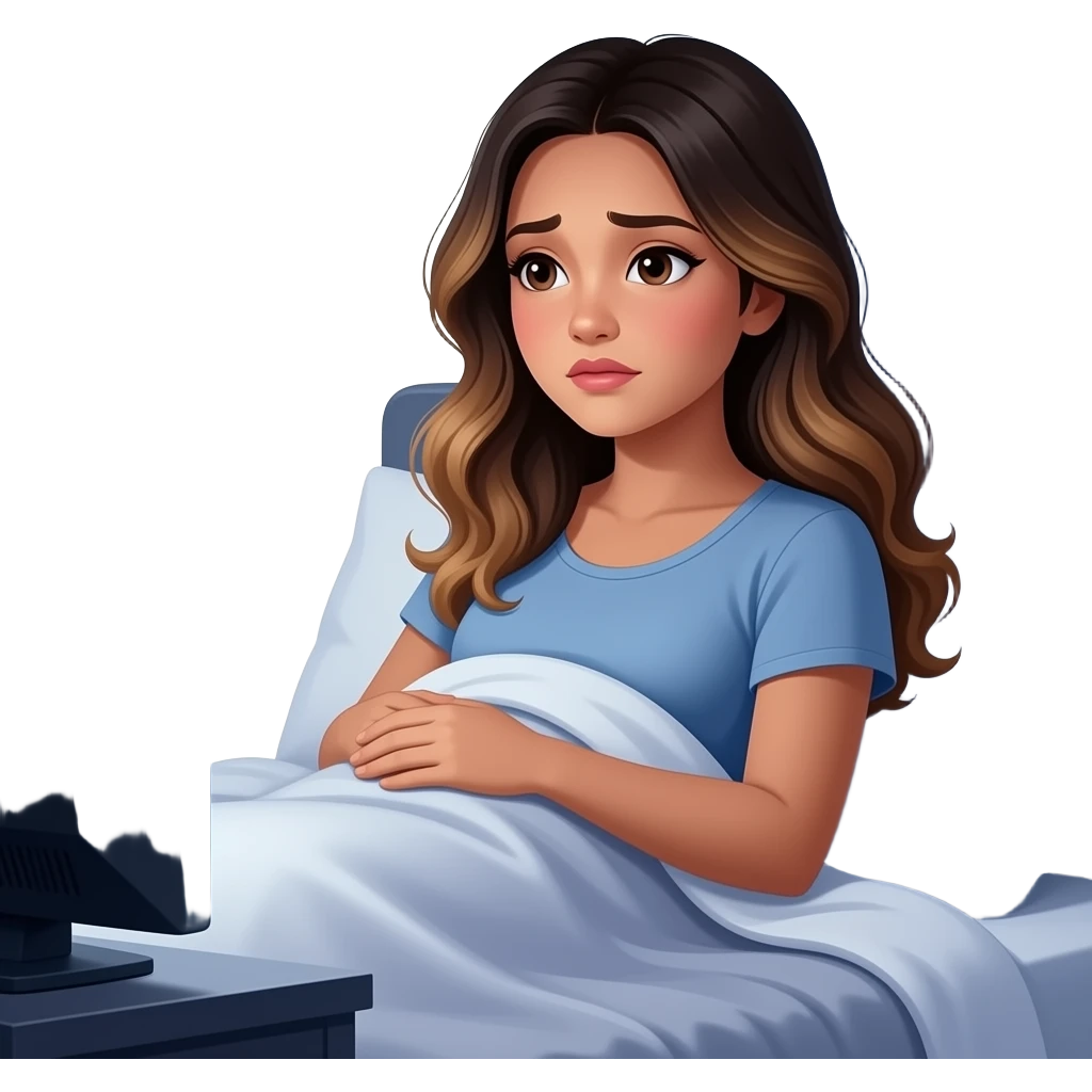Beautiful Filipino woman beautiful eyes with long wavy hair balayage watching tv in bed under sheets holding blanket side view emotional night time emoji