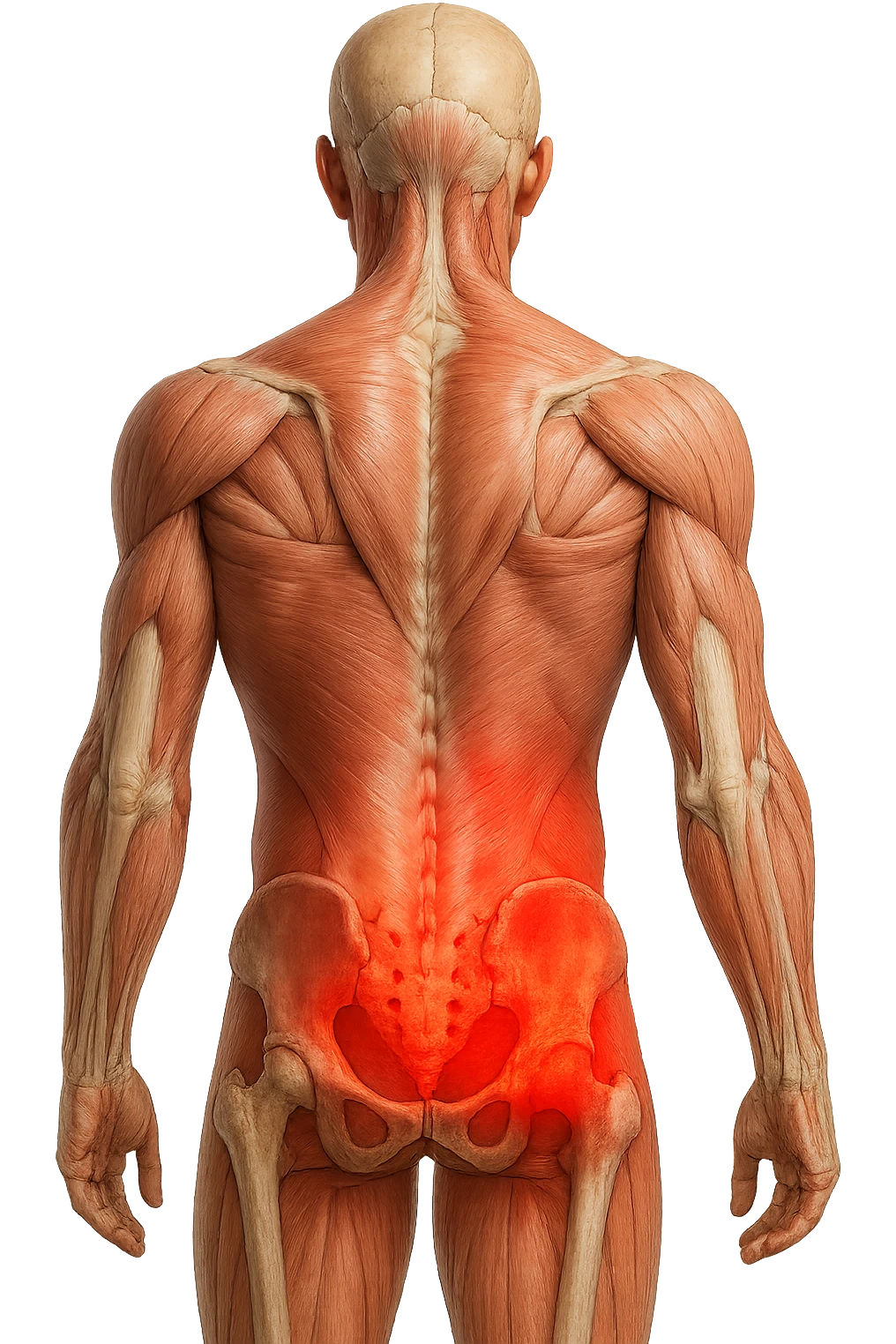 CORPO UMANO ANATOMICO REALISTICO DI SPALLE CON DOLORE ALLA LOMBARE INFIAMMATA, DOLORE ALL'ANCA, IPERREALISTICO 4K emoji