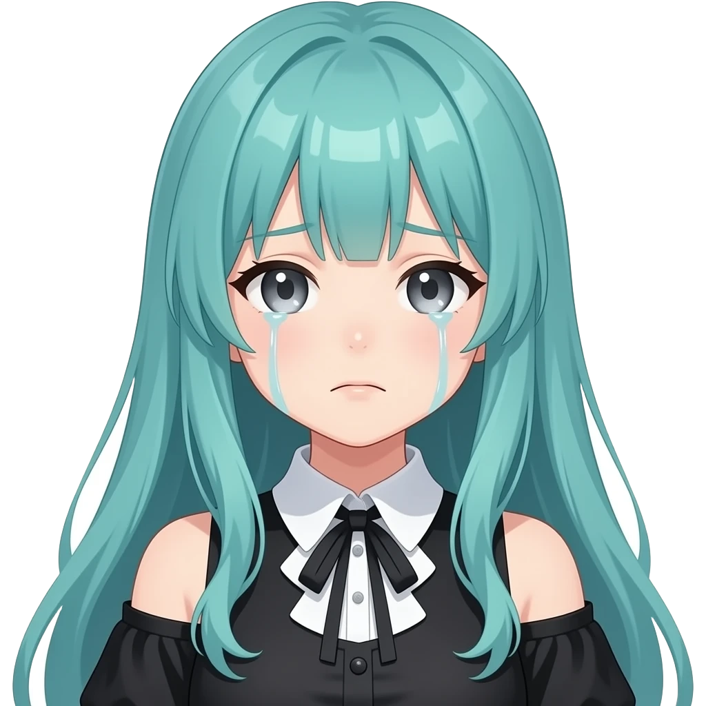 anime girl, crying face, long flowing teal hair, grey eyes, black shoulder cyberpunk blouse with fancy white collar emoji