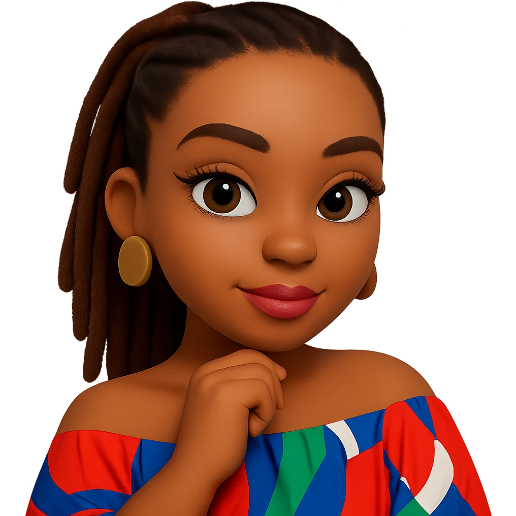 Create a 3D cartoon style emoji of the person in the reference photo. Match her facial features, hairstyle, earrings, and colorful off-shoulder top. The pose should be confident and stylish. Keep the background transparent. emoji
