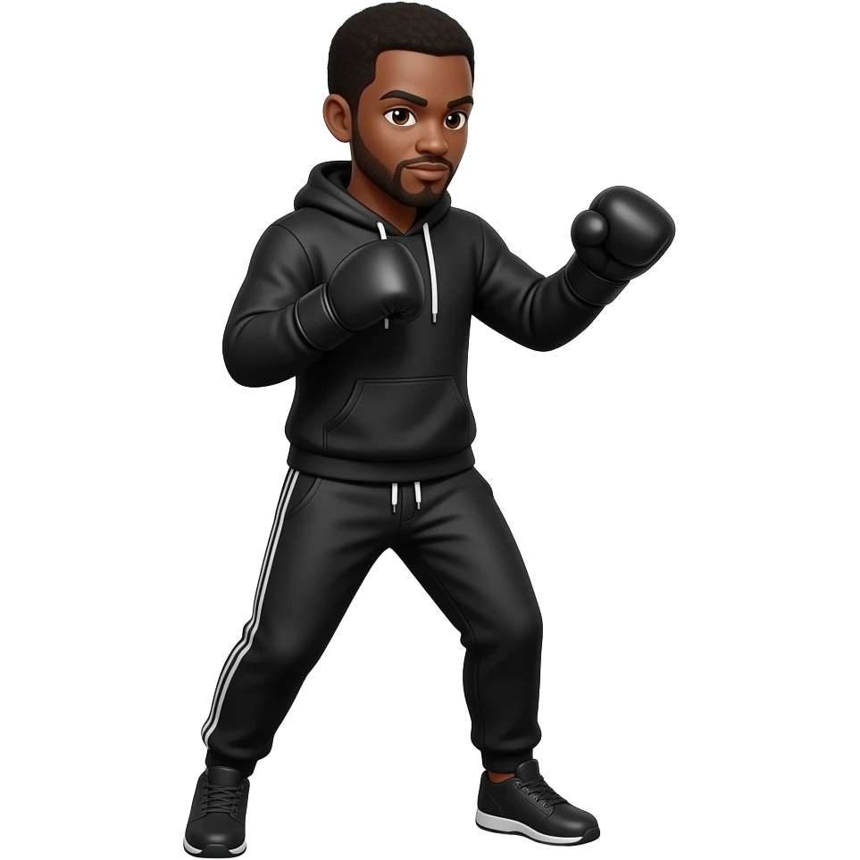 Black man in black hoodie and sweatpants boxing emoji