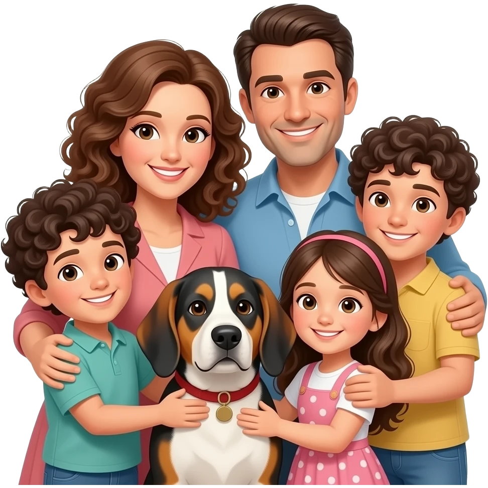 Italian family with curly hair of 5 mom dad 2 sons 1 daugher hugging 1 hound mix emoji