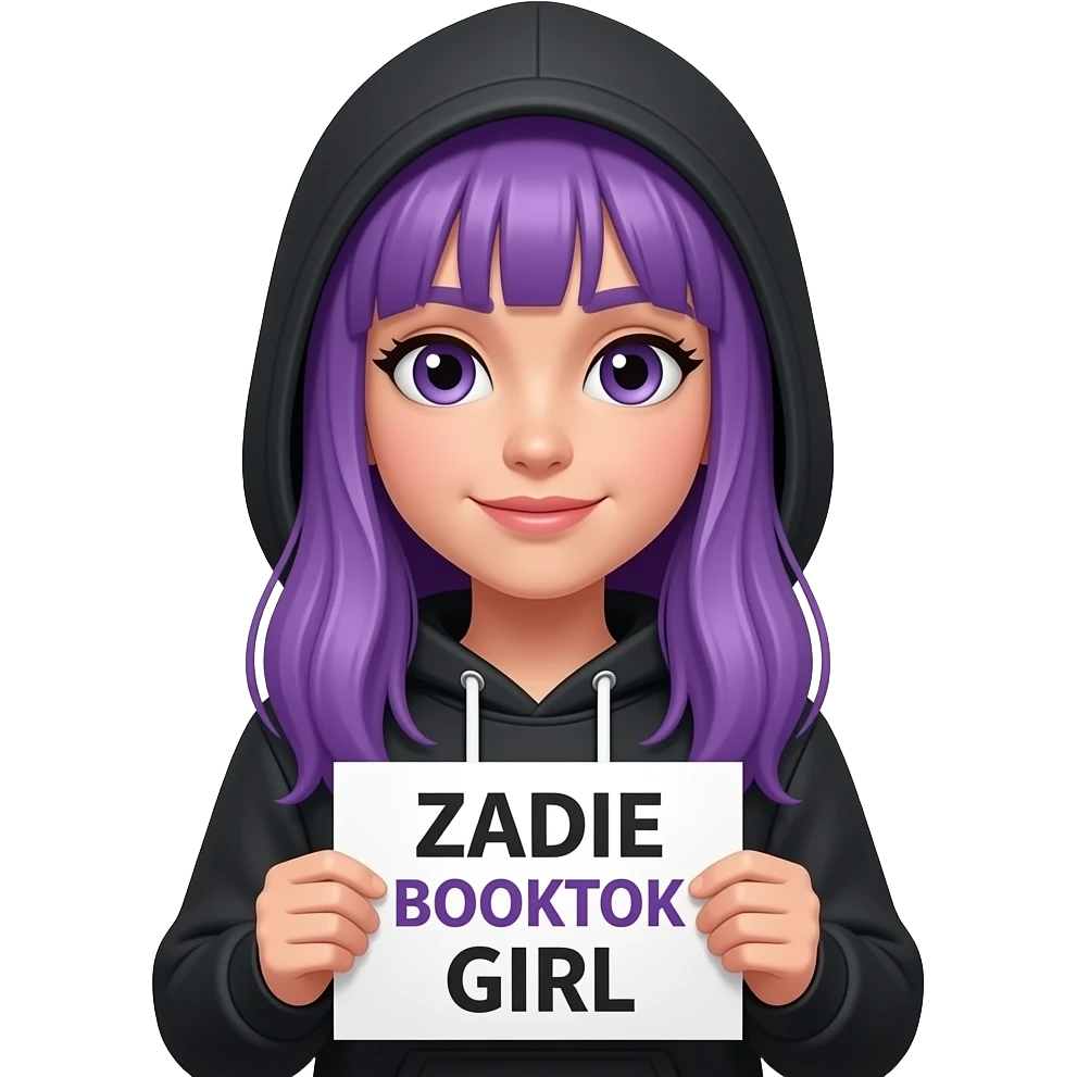 girl with long purple hair wearing a black hoodie with the hood atop her headholding a ZADIE BOOKTOK GIRLsign emoji