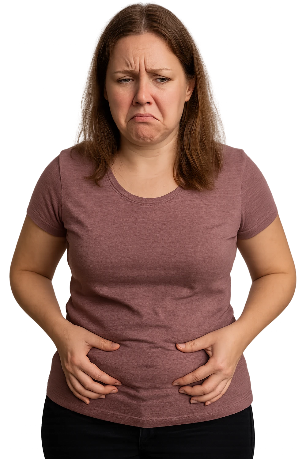 realistic woman isolated on transparent background, holding her belly or showing dissatisfaction with her body weight, 2:3 aspect ratio emoji