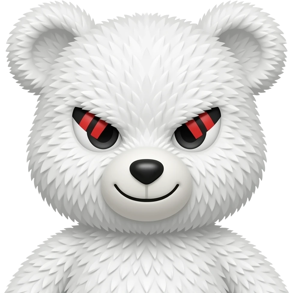 Um Ursinho de pelúcia que tem vida branco é preto branco é normal mas o preto tem um sorriso maligno é olhos do formato de / vermelho emoji