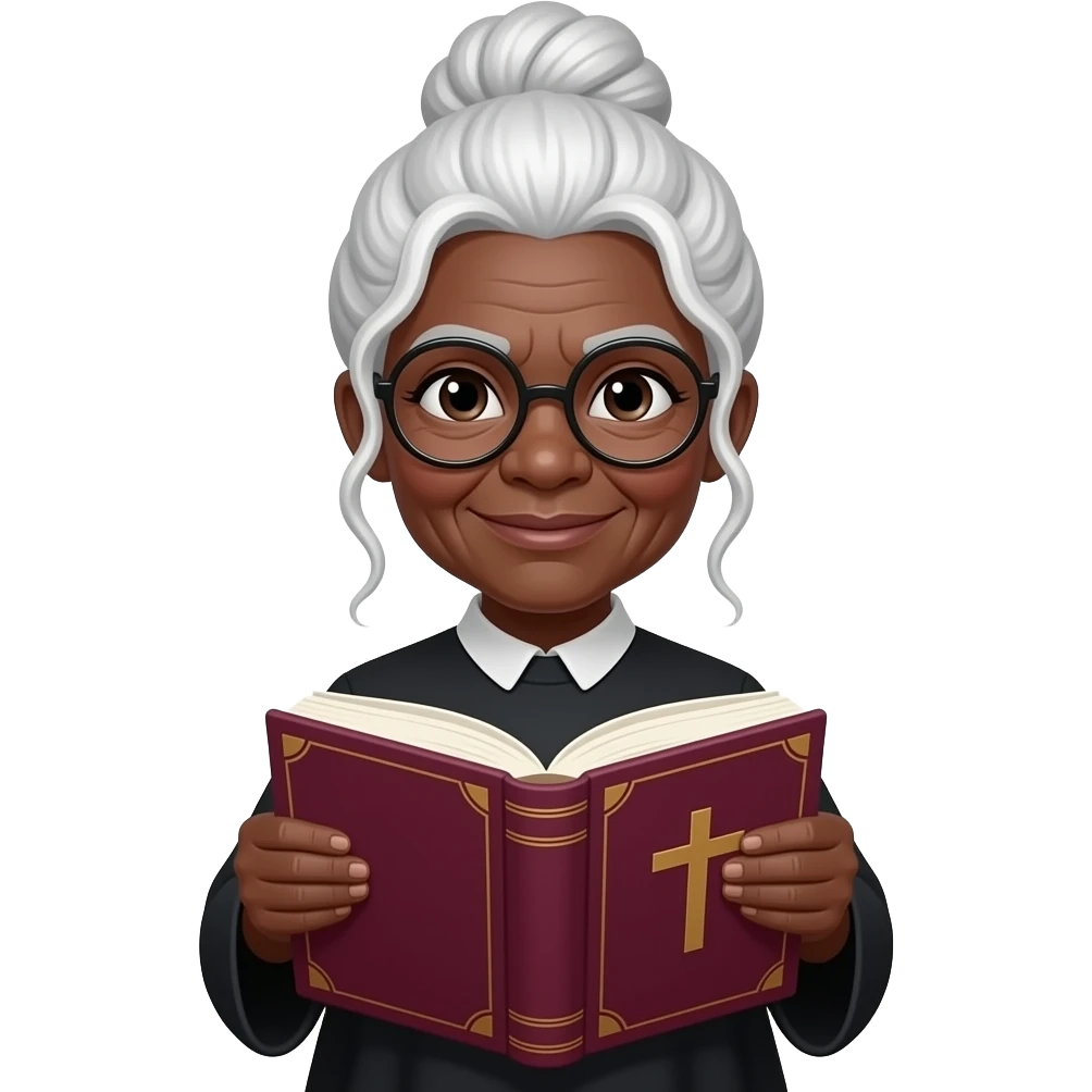 wise old woman with white hair tendrils in a bun black skin with burgundy book that has a cross on it emoji