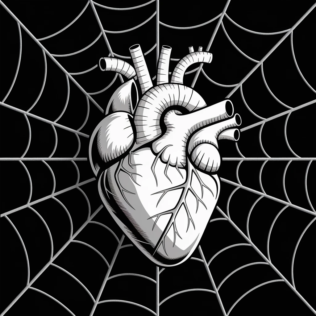 realistic gothic heart with a spiderweb emoji