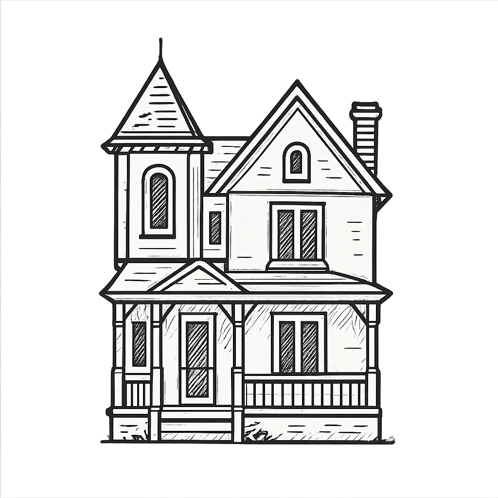 a white posh victorian house, hand-drawn black outline, minimal shading, elegant emoji