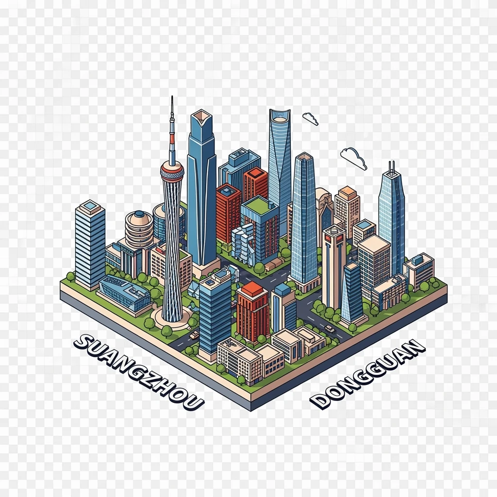 Isometric minimalistic illustration of mix Guangzhou, Shenzhen and Dongguan subtle 3D miniature effect and Tilt Shift effect, no cartoonish look, transparent background. emoji