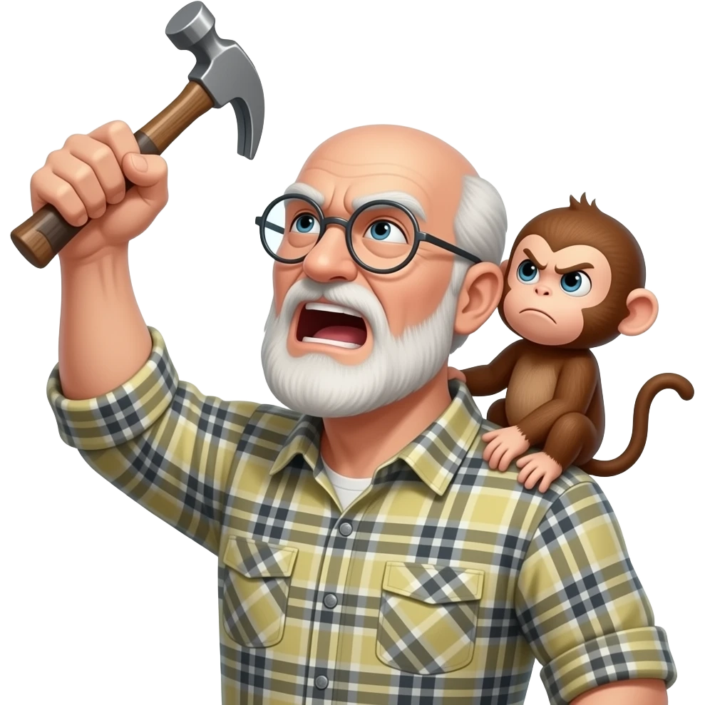 Angry old man with a plaid shirt with silver round glasses balding, NO beard & NO mustache yelling at the sky and shaking his fist at the sky holding a hammer in his LEFT hand and a angry baby monkey on his shoulder. emoji